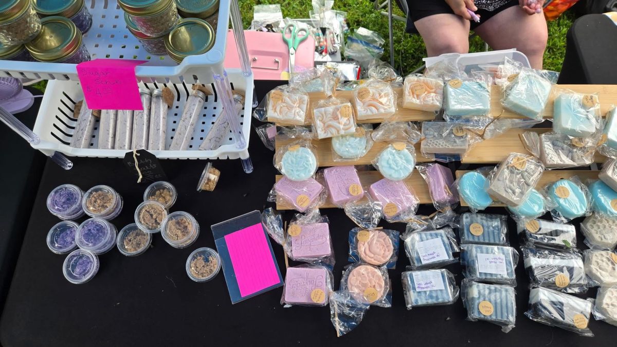 table with soaps on display
